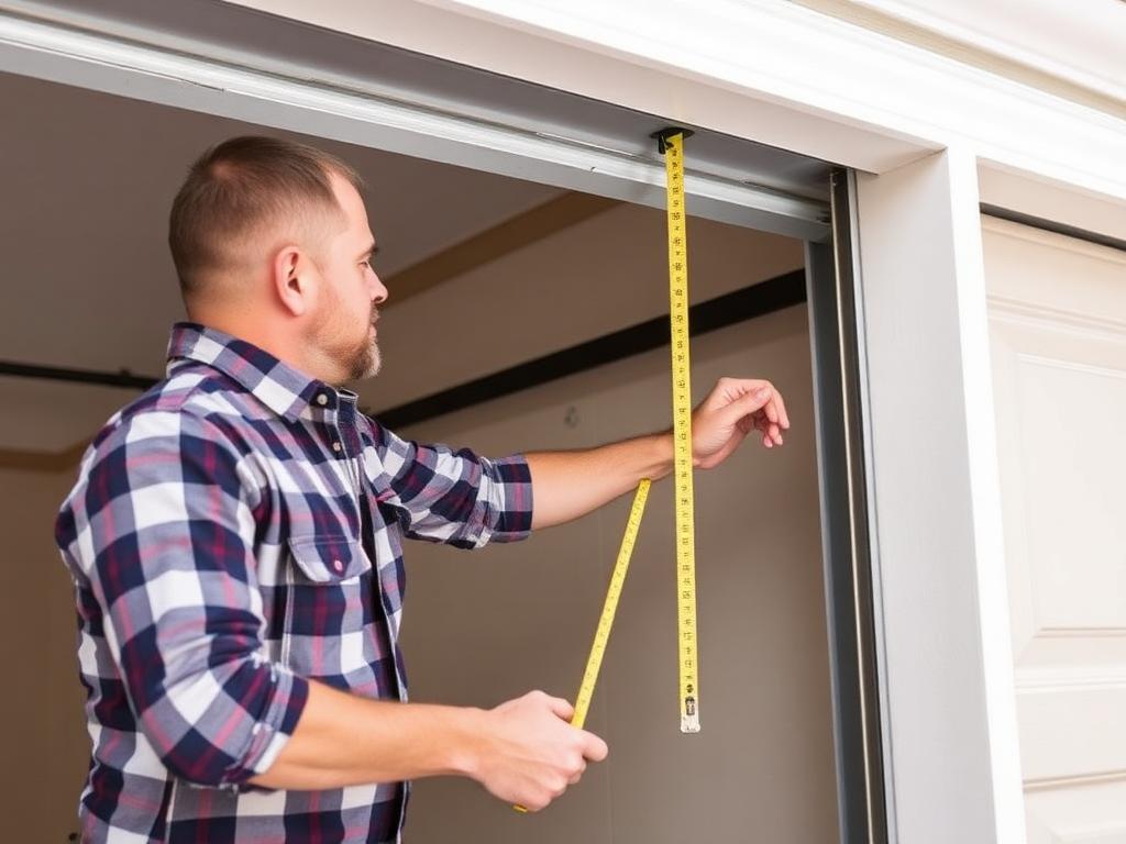 Technician measuring garage door opening for new steel door installation