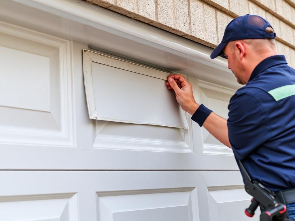 Damaged garage door panel being repaired by professional technician in Round Rock TX